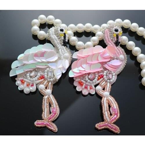 1Pcs Good Quality Flamingo Birds Rhinestone Beaded Patches Handmade Clothes Applique Patches for DIY Clothes Brooch LSHB933
