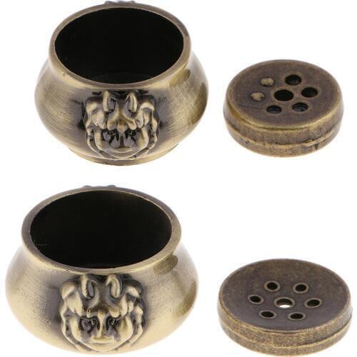 Antique Lion Head Statue Bowl Coil Incense Burner Holders Set Bronze 2 Sizes