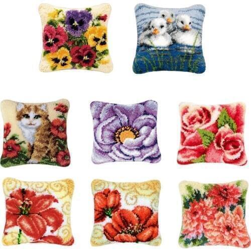 Ecorative Flower Latch Hook Kits Handmade Embroidery Pillow Case Cushion Cover 43x43cm Home Sofa Car Room Decor