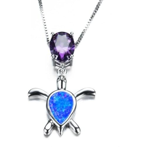 Blue Opal Turtle Necklace Women Purple Oval Crystal Necklaces Silver Color Necklaces Pendants Animal Boho Beach Jewelry Gift