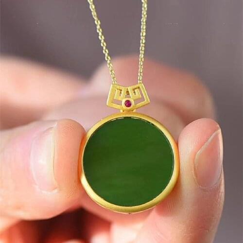 Natural Jasper Round Medallion Inlaid 925 Sterling Silver Thick Gold-Plated No Accident Brand Pendant Necklace Female Jewelry