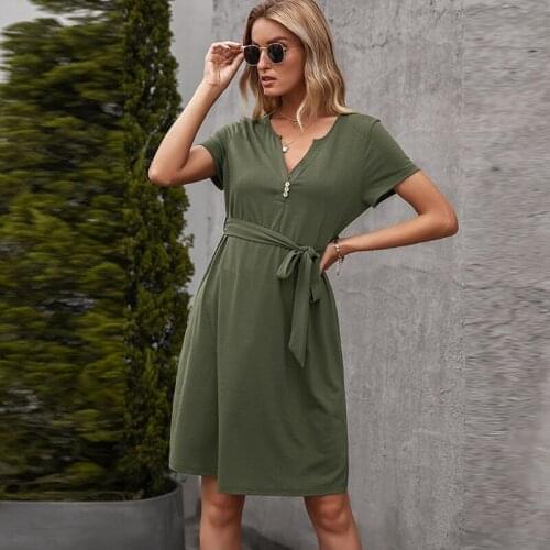 Summer Short Sleeve Midi Dress With Belt Womens V Neck Slim Dresses 2021 New Fashion Casual Solid Ladies Clothes Female Vestidos