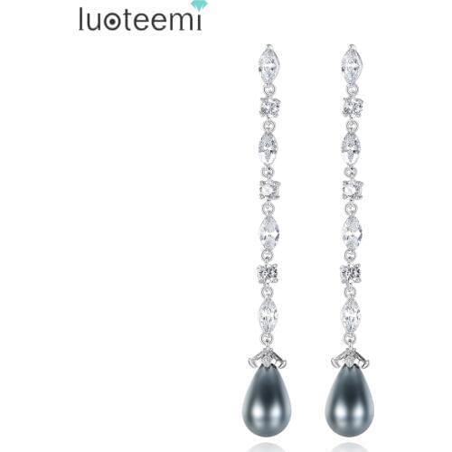 LUOTEEMI Delicate Gray Imitation Pearl Pendant Drop Earrings with Shining Clear CZ Stone Long Brincos Elegant Jewelry for Women