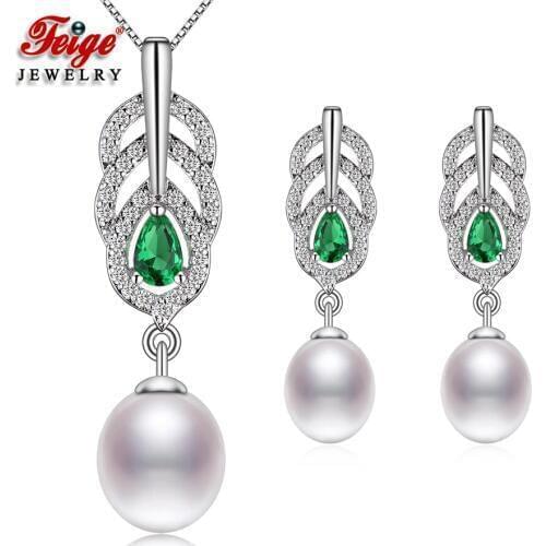 Fashion Design Peacock Feather Zirconia Natural Freshwater Cultured Pearl Jewelry Set for Women Anniversary Jewelry Gifts FEIGE