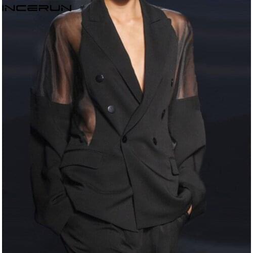 Men Blazer Mesh Patchwork See Through Streetwear Double Breasted Lapel Long Sleeve Outerwear Fashion Men Casual Suits INCERUN