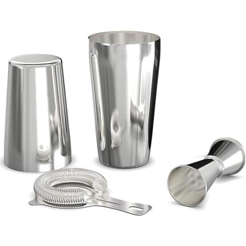 Cocktail Shaker Set: Professional Boston Shaker, Cocktail Strainer and Jigger Set. 4 Piece Premium Stainless Steel Bar Supplies
