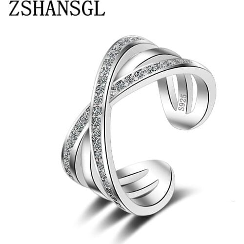 Charm Simple Cross Design Sterling Sliver Opening Rings for Women CZ Crystal Jewelry Engagement&Birthday New Gift