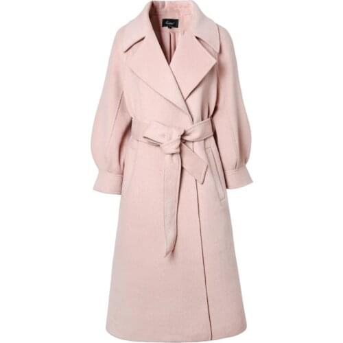 Woolen Coat Womens Autumn Winter Thick Solid Color Lapel Lantern Sleeve Belt Long Overcoat Temperament Fashion Commuting Female