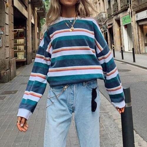 Casual Women Stripe Sweatshirt Autumn Winter Long Sleeve Round Neck Pullover Hoodie 2021 New Retro Fleece Female Loose Hoodies