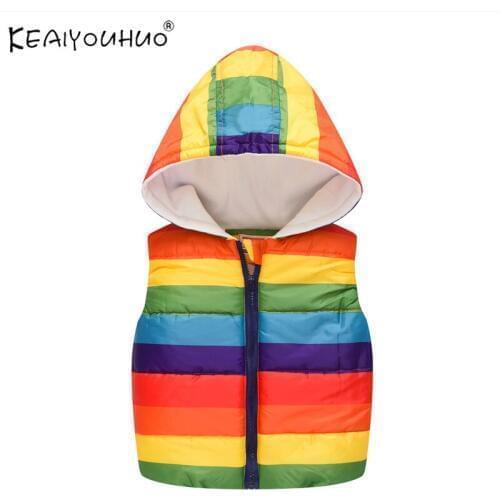Rainbow Autumn Winter Boys Sleeveless Hooded Girl Vest Jacket Cartoon Print Coat Kids Warm Vest Chikldren Outwear Clothes 2-6Y