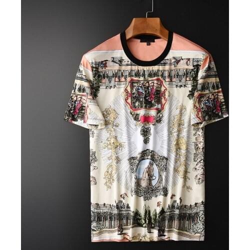 Allover Printed Luxury 100% Cotton Short Sleeve T-shirts Mens Plus Size 4xl Slim Fit Round Collar Man Tee