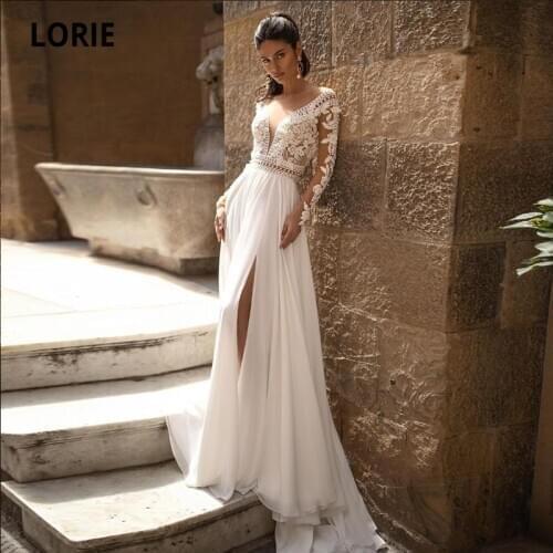 LORIE Boho Wedding Dress Long Sleeve V Neck Lace Top Chiffon Skirt White Elegant Ivory Side Split Bridal Gown robe de mariée