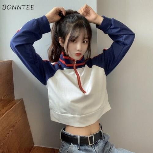 Sweatshirts Women Clothes Zipper Summer Patchwork College Style Sweet Cropped Slim Hipster Harajuku Aesthetic All-match Ladies