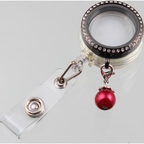Retractable Ski Pass ID Card Badge Holder Reel With 30MM Magnetic Locket Stainless Rhinestone Floating Locket + Red Pearl Charms