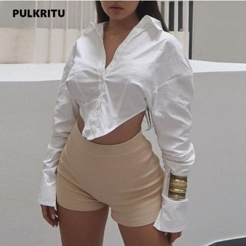 Pulkritu Women Autumn White Irregular Long Sleeve Button Up Blouses INS Elegant Classic Shirt Tops