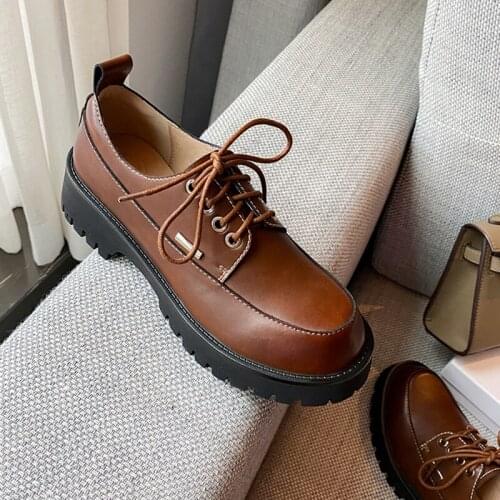 ROYESIC ladies British Oxford small leather shoes, Derby mid-heeled natural leather handmade