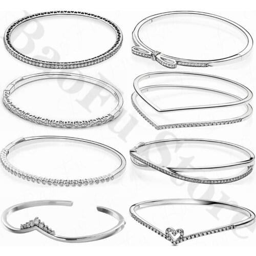 Genuine 925 Sterling Silver Bangle Shiny Bow Knot Cross Ray Charm V-Shaped Bracelet Suitable For Original Ladies Jewelry