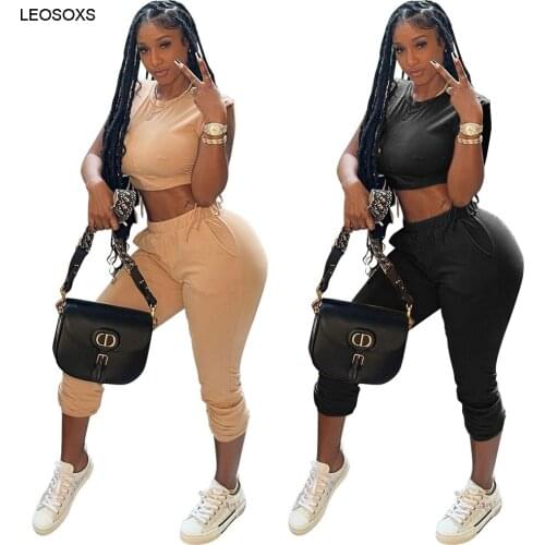 Womens Solid Color Leisure Fashion Two Piece Set Sexy Sleeveless Lu Belly T-shirt Fitness Trousers Sportswear