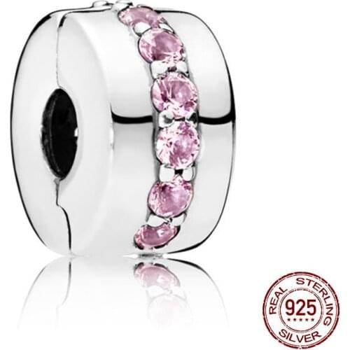 New 925 Sterling Silver Pink Sparkling Row Clip Charm Fit Original Pandora Charm Bracelets Necklace For Women DIY Jewelry