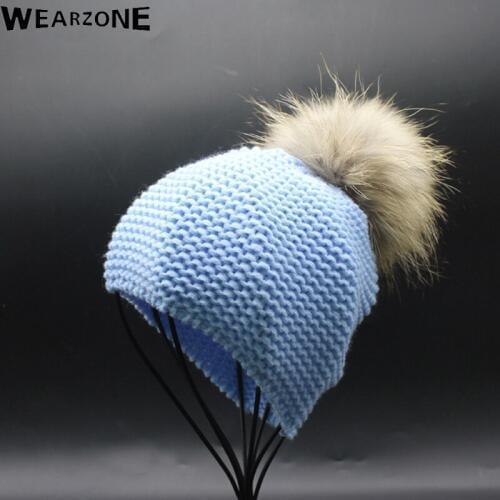 2016 Winter Wool Girls Boys Racoon Fur Pom Beanies Hats 1-5years Beanies Cap 46-52cm Lovely Knitted Hats15cm Fur Pom Hats Kids