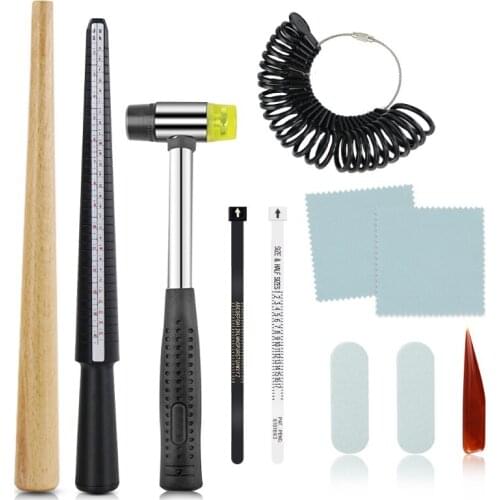 11Pcs Ring Mandrel Sizer Stick Finger Guage Hammer Jewelry Measuring Equipment X7JB