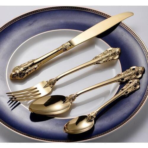 4pcs Gold Dinnerware Set Western Tableware Stainless Steel Cutlery Golden Dinner Knives Fork Spoon Teaspoon Royal Flatware set