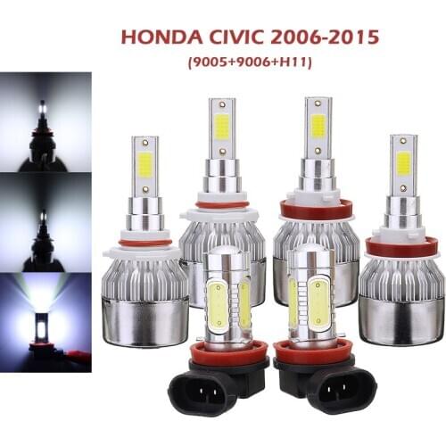 6pcs/set Car Auto LED Headlight 9005 9006 High Low Beam Light H11 Fog Lamp Day-time Running Bulbs Fit For Honda Civic 06-15 Part