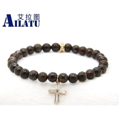 Ailatu Wholesale 10pcs/lot 6mm Natural Bronzite Brown Stone Beads with Micro Paved Clear Zircons Spacer Cz Beads Cross Bracelets