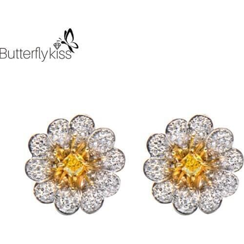 BK 18k White Gold Stud Earrings For Women Vs D Color Moissanite Yellow Diamond 3g Genuine Gold 585 Wedding Party Jewelry Gifts