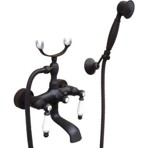 Black Oil Rubbed Brass Double Ceramic Handles Wall Mounted Claw Foot Bathroom Tub Faucet Mixer Tap With Handshower mtf616