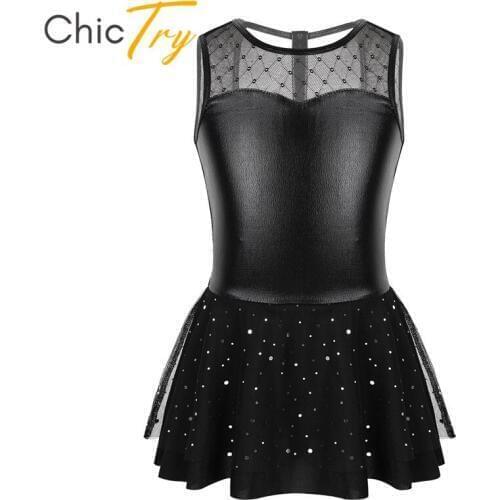 ChicTry Kids Teens Metallic Mesh Splice Ballet Tutu Gymnastics Leotard Dress Children Girls Figure Skating Glitter Dance Costume