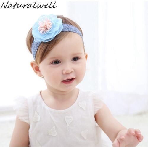 Naturalwell Baby Baptism hair flowers pink or blue on lace band Baby Hairband Toddler girls head band Newborn shower Gift HB067