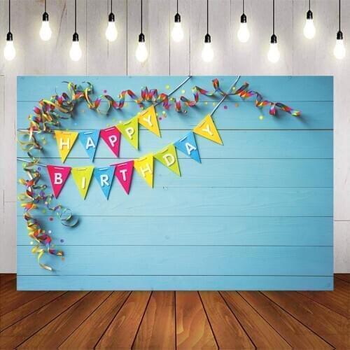 Blue wood wall happy birthday party decoration supplies Ribbon newborn baby photographic background porducts for photo shoot