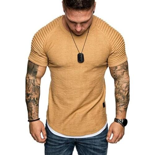 Summer Basic Tees O-Neck Short Sleeve Muscle T-Shirts Pleated Wrinkled Running Tops Slim Fit Solid Casual Streetwear For Male
