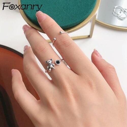 Foxanry 925 Sterling Silver Rings for Women New Trendy Vintage Sweet Cute Little Bear Black Zircon Party Jewelry Birthday Gifts