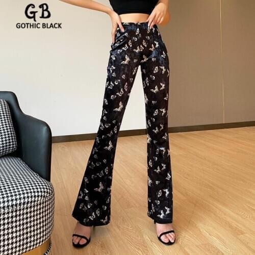 Gothblack Fashion High Waist Slim Butterfly Print Flare Pants Women Gothic Vintage Dark Frousers Autumn Casual Streetwear Pants