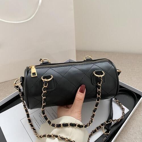 Fashion Cylinder Shaped Shoulder Messenger Handbags for Women Lattice Pattern Solid Color PU Small Round Crossbody Sling Bags