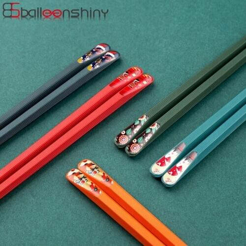 BalleenShiny Color Floral Nail 5 Pairs Chopsticks Set Reusable Eco-Friendly Alloy Chopsticks Anti-skid Kitchen Tableware