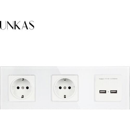 UNKAS Wall Crystal Glass Panel Double Socket 16A EU Electrical Outlet Dual USB Smart Charging Port 5V 2A Output White Color