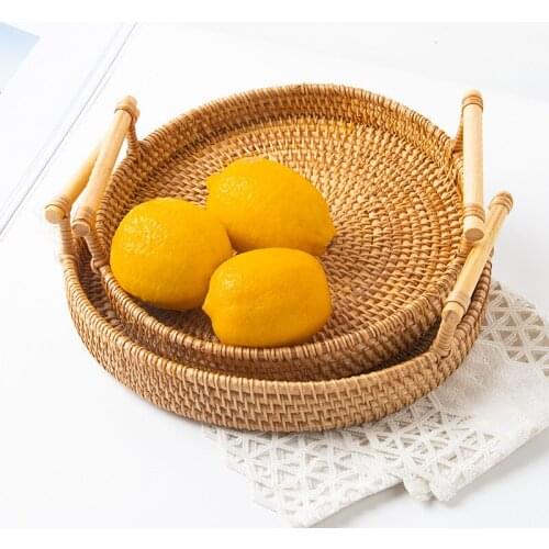 Hand-Woven Storage Basket Rattan Storage Tray Wicker Baskets Bread Plate Fruit Food Breakfast Snack Display Box Home Decoration