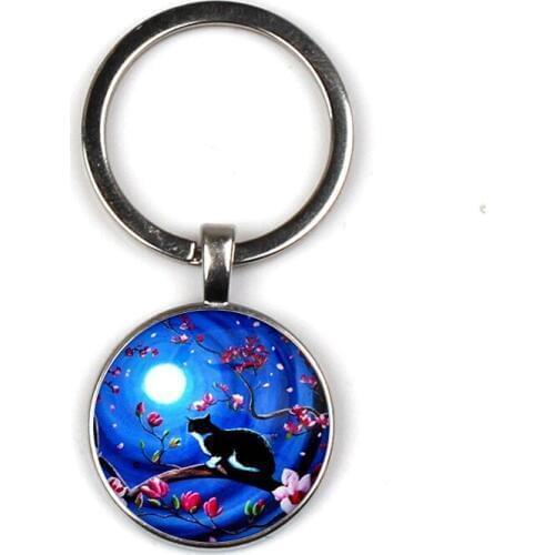 Popular models, cute moon cat series glass keychain fashion bag car key chain pet lovers private gifts