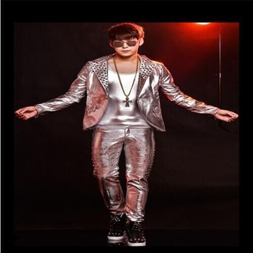 R65 Silver leather men suit singer host stage show dress outfits party rivets clothes dancer ballroom costumes bar jacket patns
