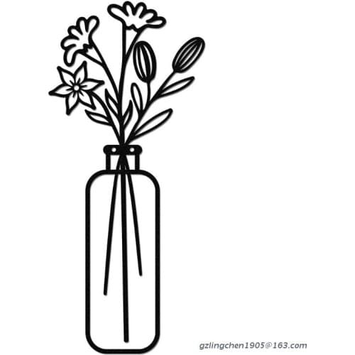 P8DE Home Modern Wall Art Decoration Iron Metal Flower in Vase Black Hanging Sculptures Ornaments for Living Room Kitchen Garden