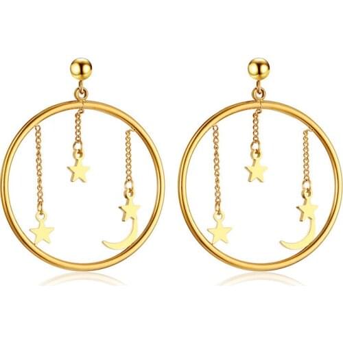 Titanium Steel Ladies Earrings Temperament Star and Moon Tassel Earrings Gold European and American Earrings Jewelry E00152