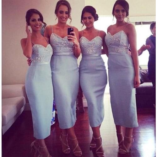 Custom Made Simple Cheap Silver Sweetheart Spaghetti Straps Tea Length Women Bridesmaid Dresses