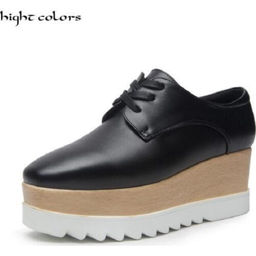 HIGHT COLORS Brand Spring/Autumn Split Leather Shoes Women Wedges 6.5 cm high platform female casual shoes pumps heel GB1033