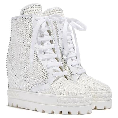 New Woman Fashion White Khaki Lace Up High Top Ironic Sneakers Female 8 cm Hidden Wedge Platform Short Ankle Boots Woman