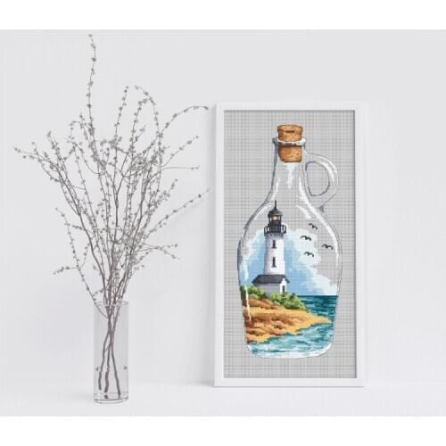 Gold Collection Lovely Counted Cross Stitch Kit Lighthouse Sailboat in a Glass Bottle Seaside scenery Vintage Chic Bottles