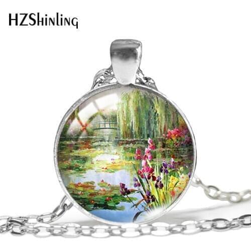 2020 New Water Lily Pendant Necklace Monet Flower Painting Pendants Jewelry 25mm Round Glass Dome Necklaces