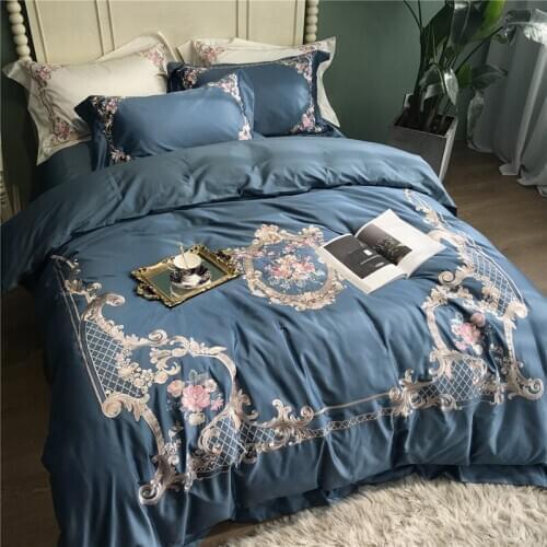 Blue luxury Embroidered 120S Egyptian cotton Royal Bedding sets Queen King Wedding Duvet cover Bed sheet set Pillowcases 4pcs